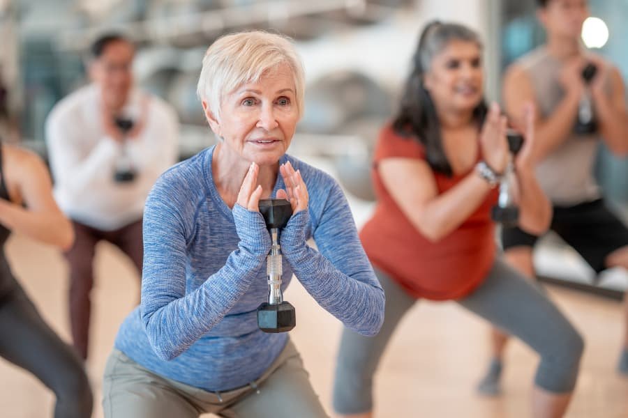 Group of active seniors in a fitness class