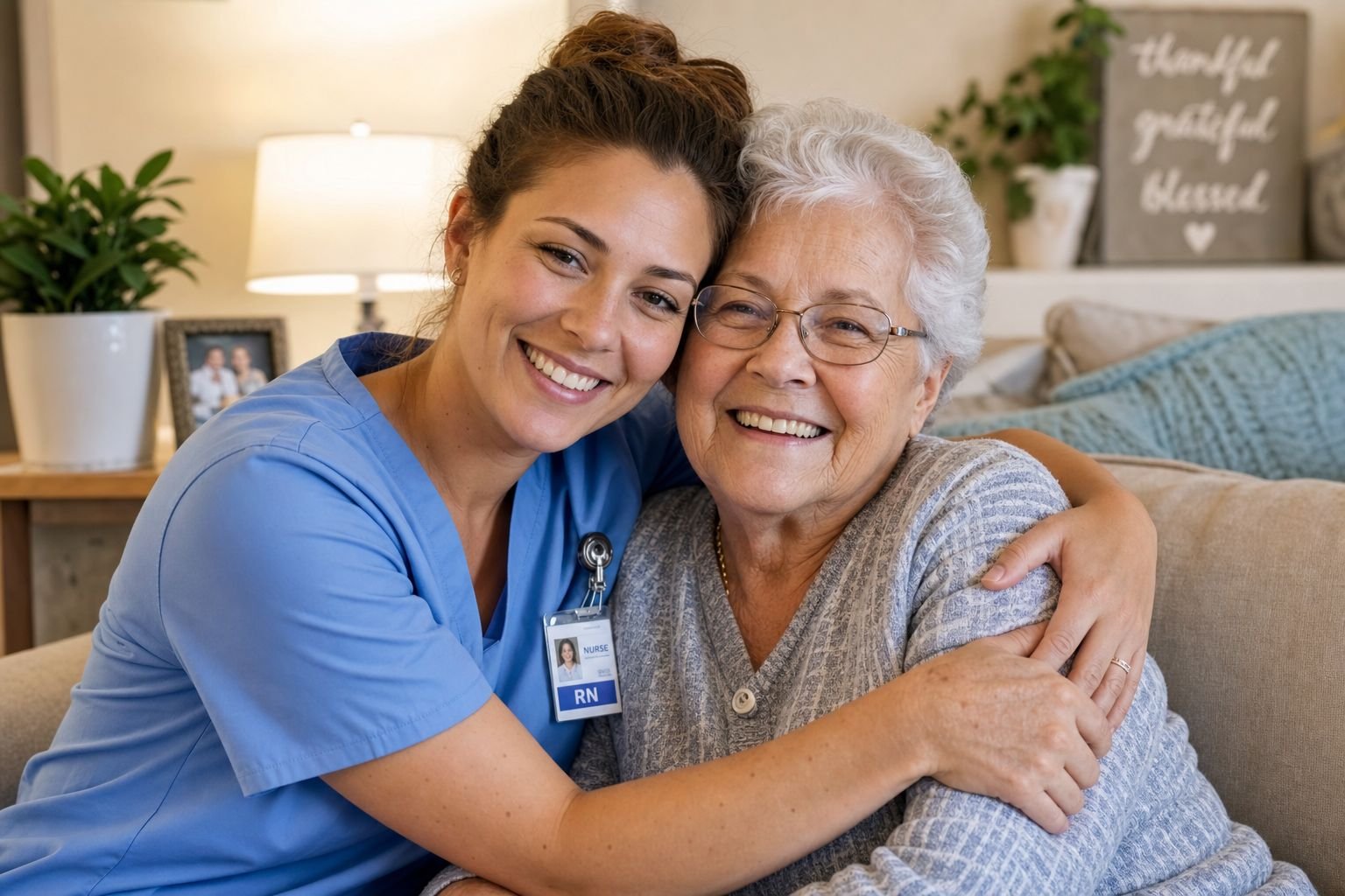 Caregiver hugging a senior client
