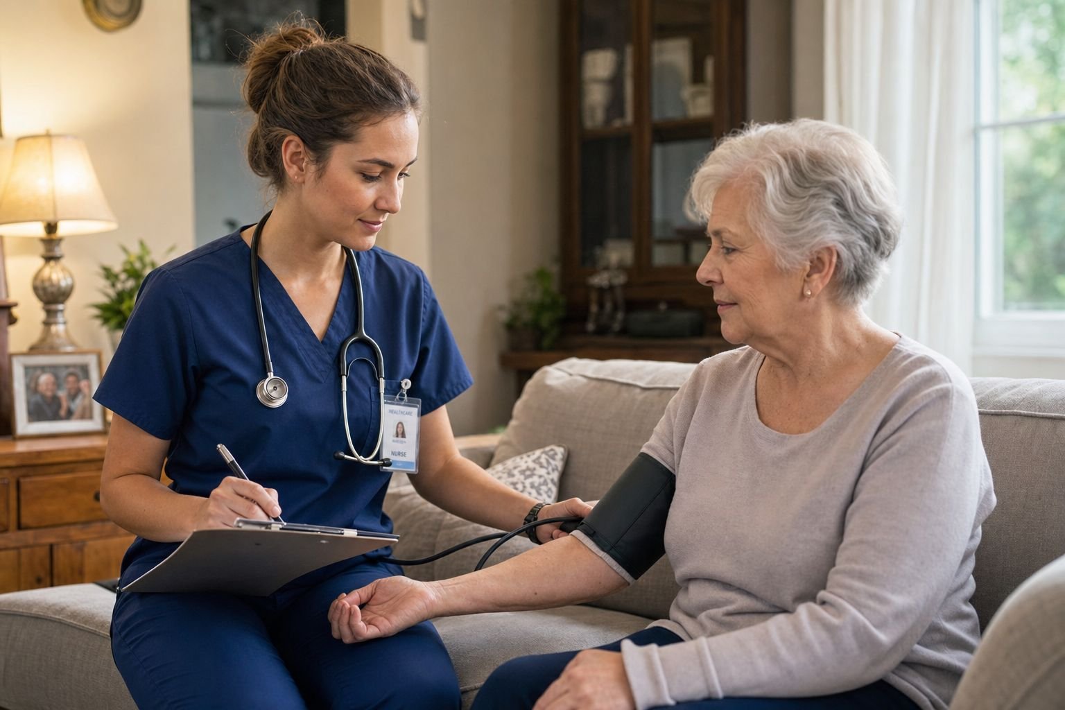 Home care nurse checking a senior's blood pressure