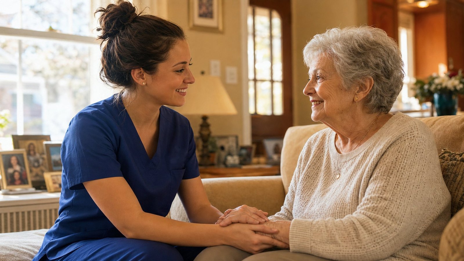 Caregiver holding hands with elderly woman