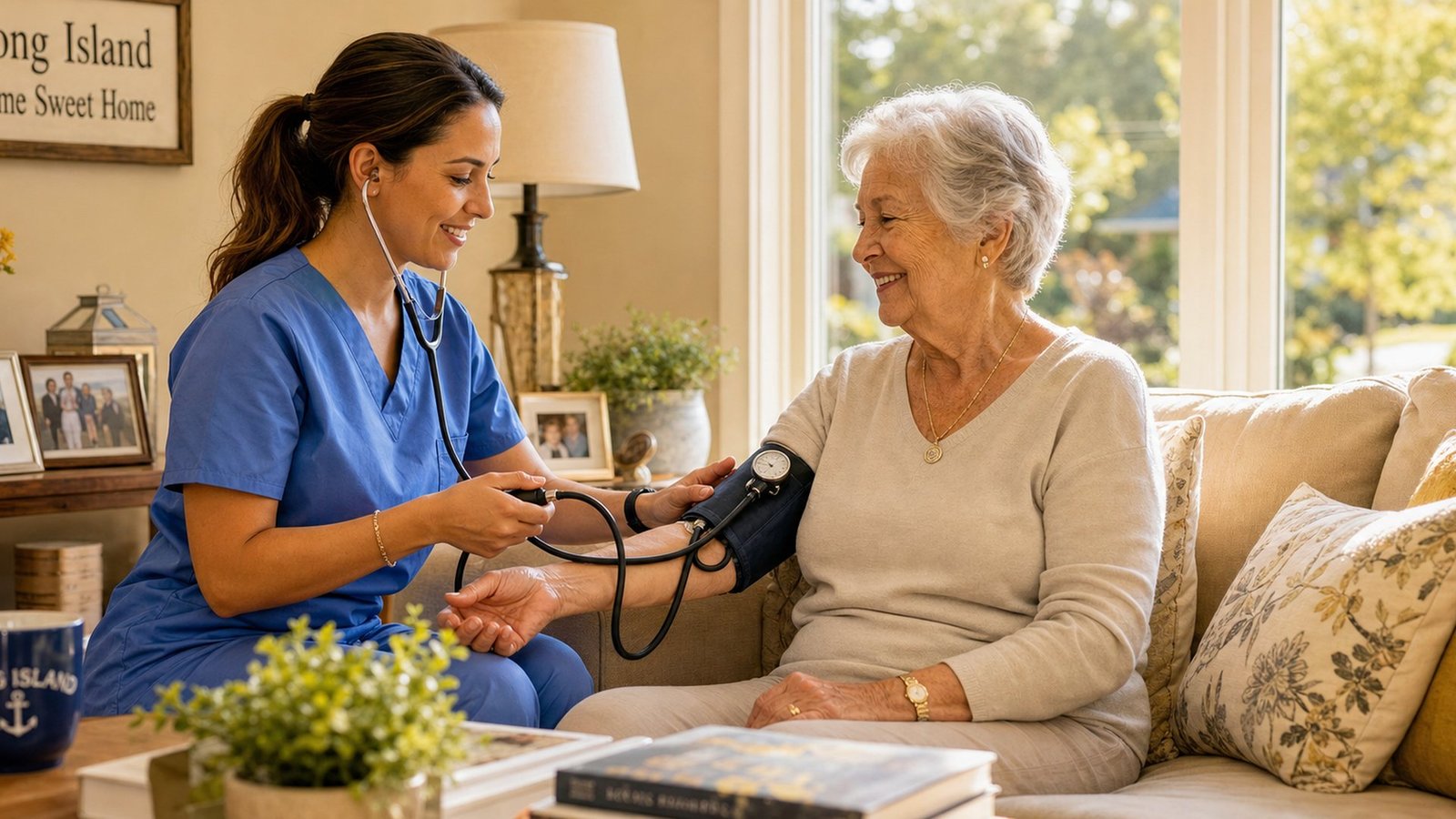 Nurse checking blood pressure of elderly woman at home